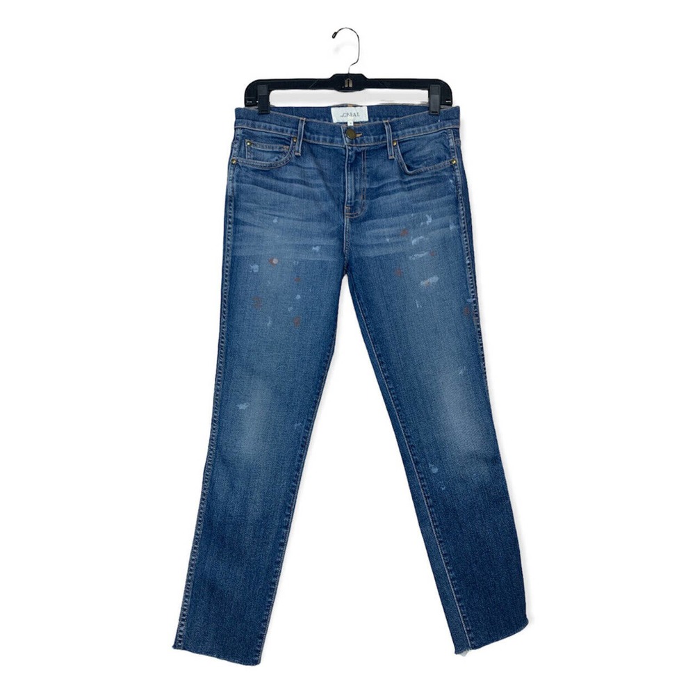 The Great Almost Skinny Jeans Ankle Crop Denim Medium Wash Splatter Paint 27